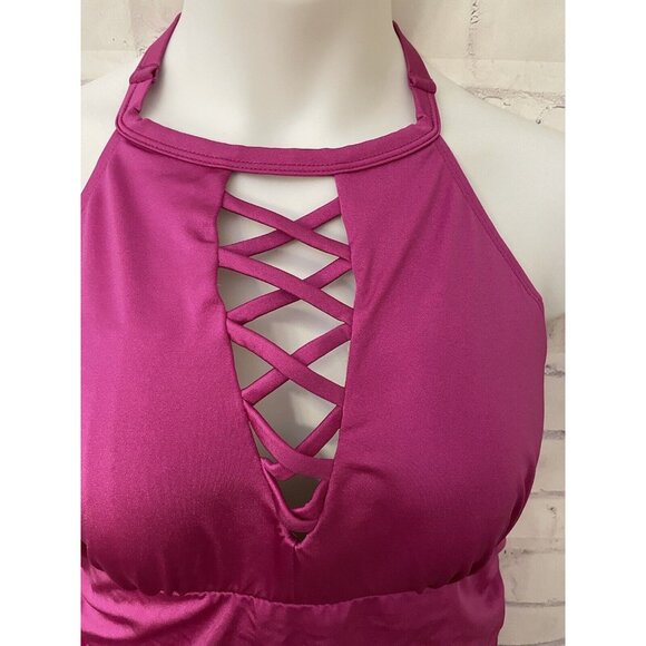 Swim By Cacique Size 16 Lightly Lined No Wire Pink High Neck One Piece Swim New - Picture 3 of 12